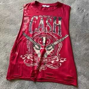 Miss Look Jonny Cash Red Sleeveless Shirt Distressed Size S
